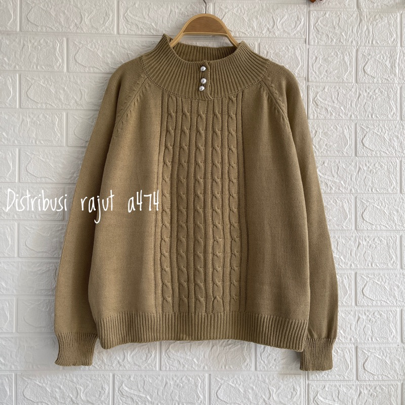 HOZURA SWEATER RAJUT KANCING MUTIARA MOTIF CABLE KERAH TINGGI WANITA OVERSIZE