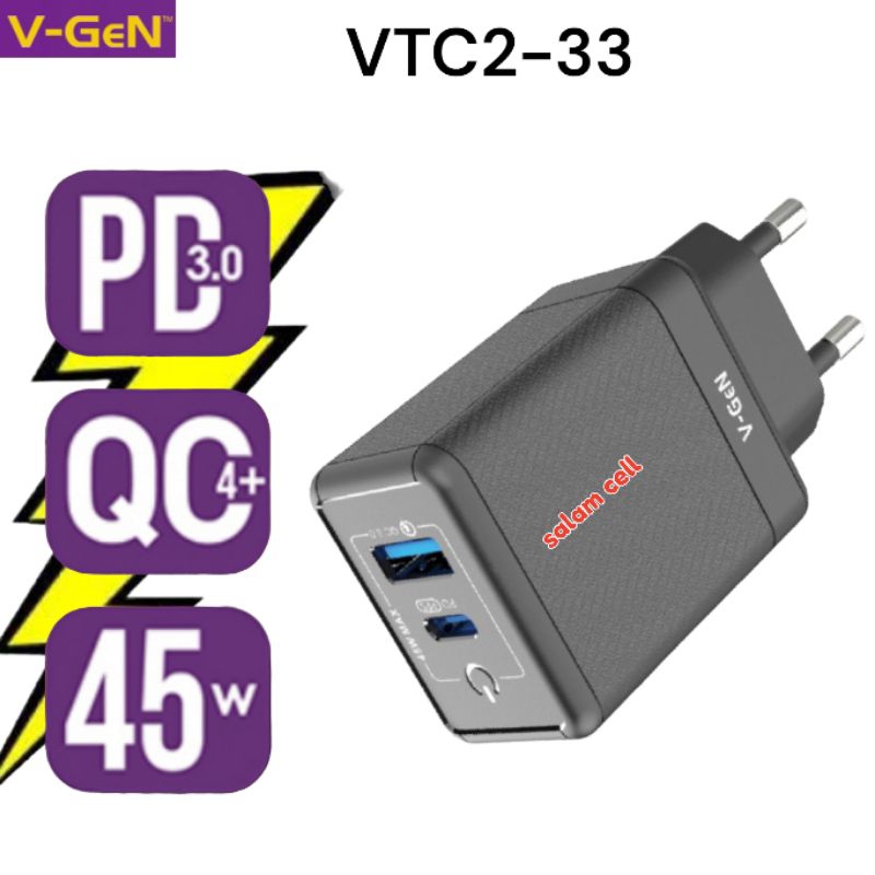 Charger 45W V-Gen VCT2-33 PD 3.0 Quick Cherge Original Vgen Vct2 33 Garansi Resmi