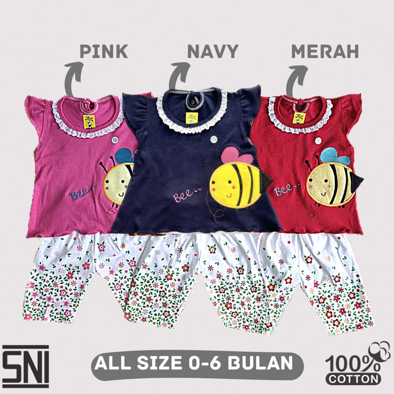 Setelan Anak Bayi Cewek CP Warna Bordir Bee All Size 0-6Bulan 100%Katun SNI [Ecer]