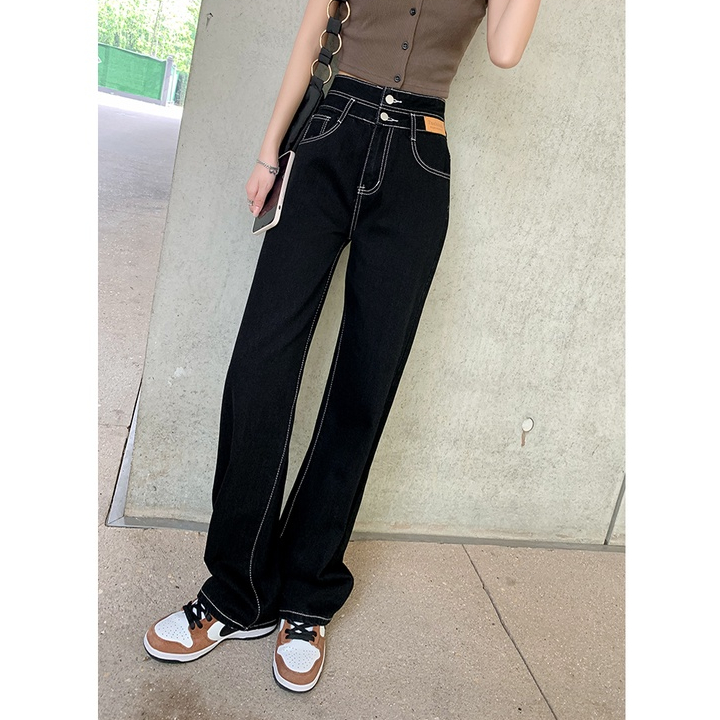 Hitam Highwaist Kulot Straight Loose Celana Panjang Jeans Wanita Kekinian Korean