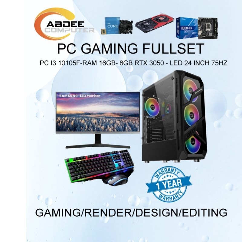 PC GAMING CORE I3 12100F RAM 16 GB NVME 256 GB VGA 8 GB RTX 3050 GDDR6 MONITOR 24 IN 75HZ 1 SET