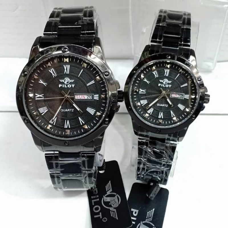 (Cod)Jam Tangan Couple Pilot Original Angka Romawi Tanggal Hari Full Hitam Strap Stell/Rantai(Dikirim Jakarta)