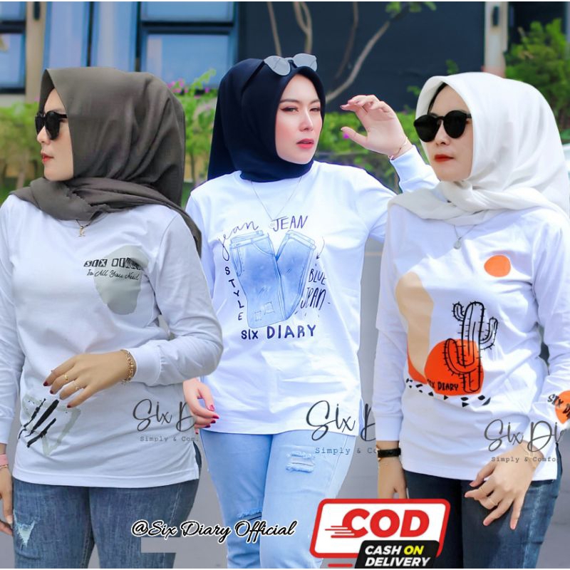 Atasan Wanita Six Diary Official Kaos Motif Tangan Panjang Nyaman dan Adem