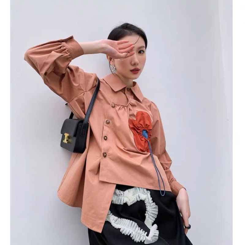 Red Bloomy Blouse Asimetris / Baju Atasan Kemeja Coklat Bunga Wanita Import