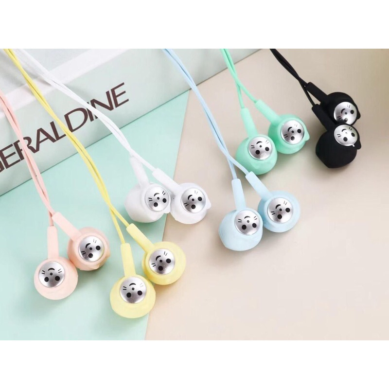Earphone - Handsfree - Headset MACARON Model CAT Lucu Stereo Extra Bass HF Universal + Mic Warna Sof