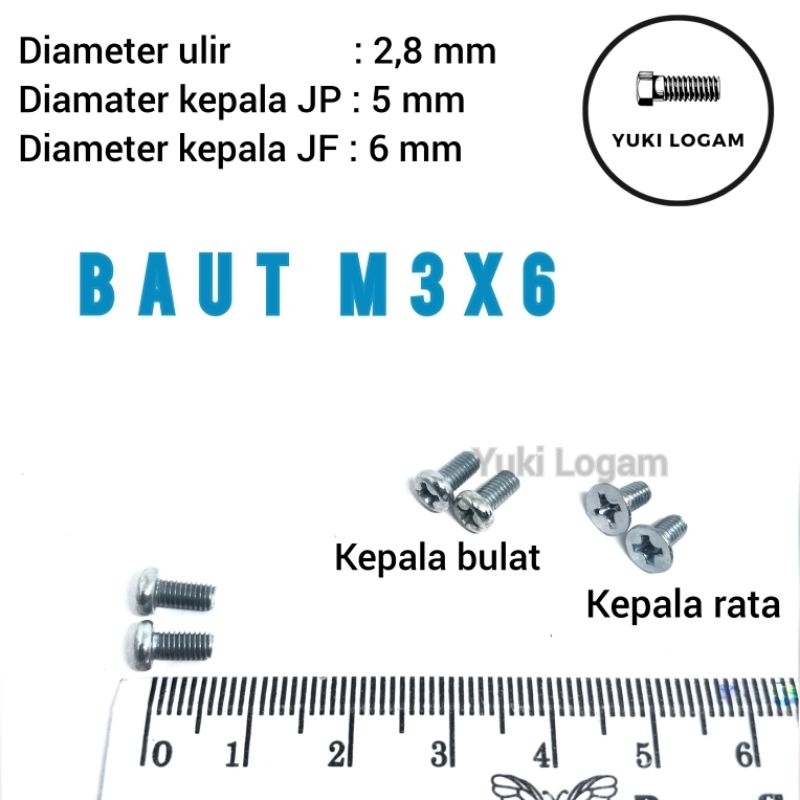 100 pcs baut M3 x 6 kepala bulat atau kepala rata baut elektronika