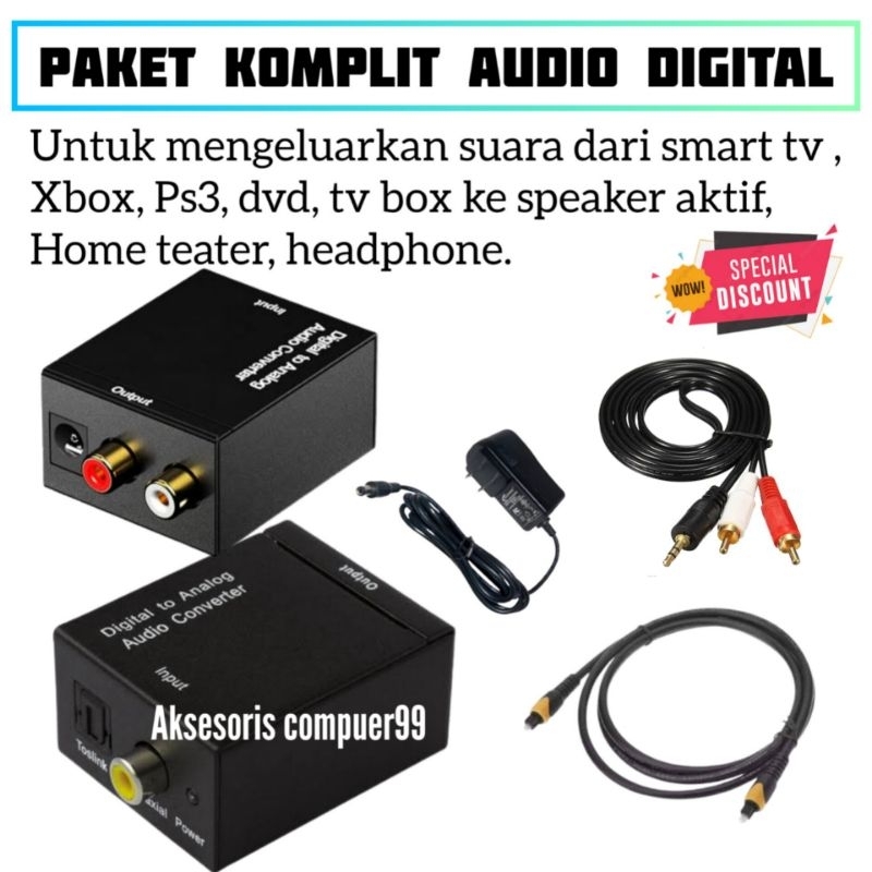 [ PAKET KOMPLIT ] Audio converter Digital to analog + Kabel optik audio tv + Kabel rca 2 in 1 Converter audio digital to analog / Optical Audio converter