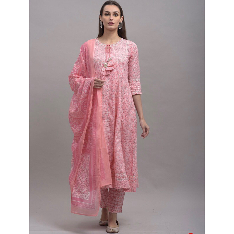 Setelan Kurti Pink Size M / KALINI Women Pink Paisley Printed Pure Cotton Kurta with Trousers & Dupa