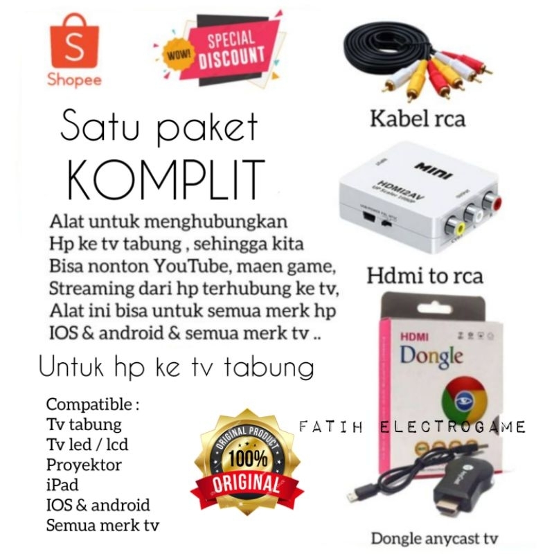 PAKET LENGKAP ANYCAST DONGLE SCREEN MIRRORING HP KE TV TABUNG / SATU PAKET ALAT UNTUK MENYAMBUNGKAN PENGHUBUNG PENYAMBUNG HP KE TV TABUNG