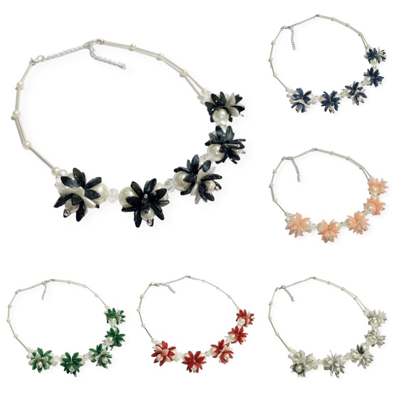 Cassandra Flowery Pearl Crystal Necklace Kalung Hijab Panjang Bunga Mutiara Motif Marmer Marble