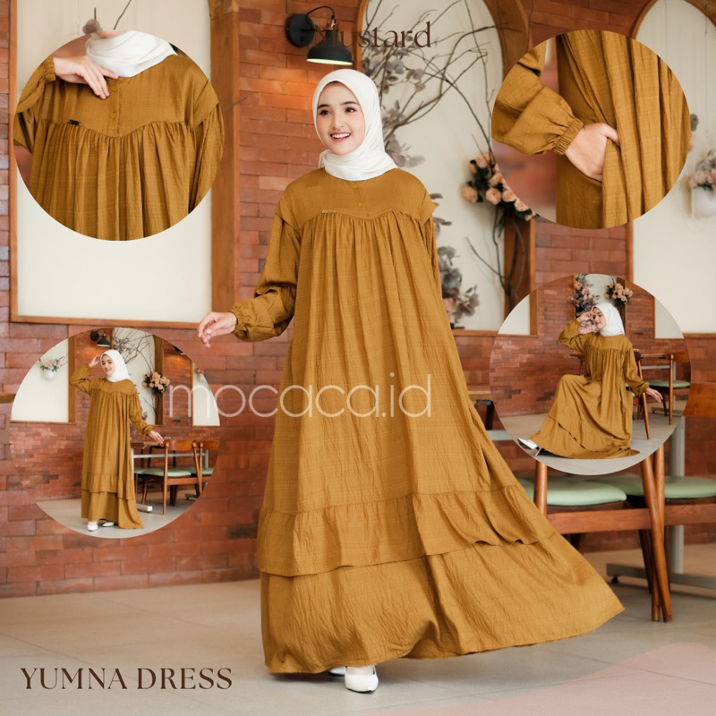 Gamis Lebaran Yumna Dress dari bahan Polo linen kancing busui friendly ada variasi remple di pundak dan rok saku lengan karet - kuning mustard yellow