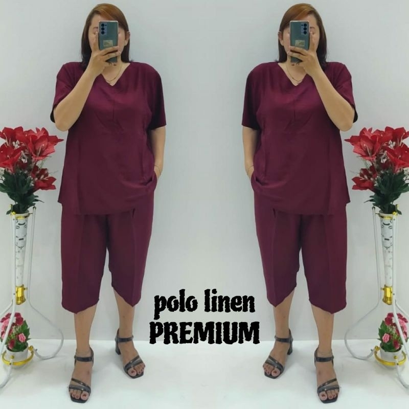 CNC - Stelan Wanita Dewasa Terbaru/Stelan Celana 7/8 V Polo Linen Polos Standar Dan Jumbo