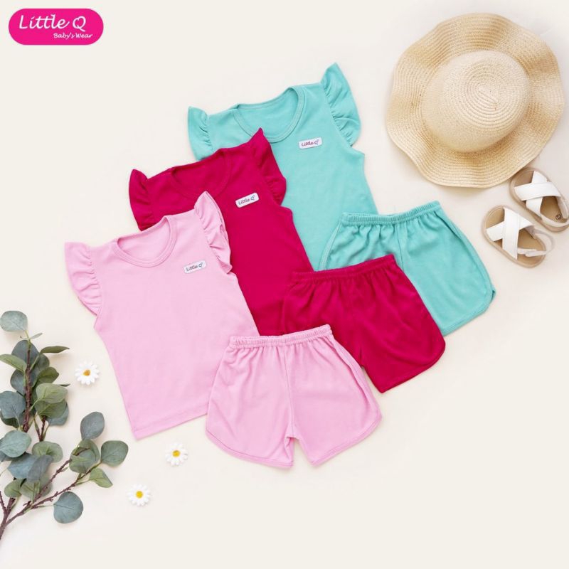 3pcs- setelan little q polos rampel celana bis / setelan anak bayi perempuan little quen polos rampel/ setelan little q polos ruffle