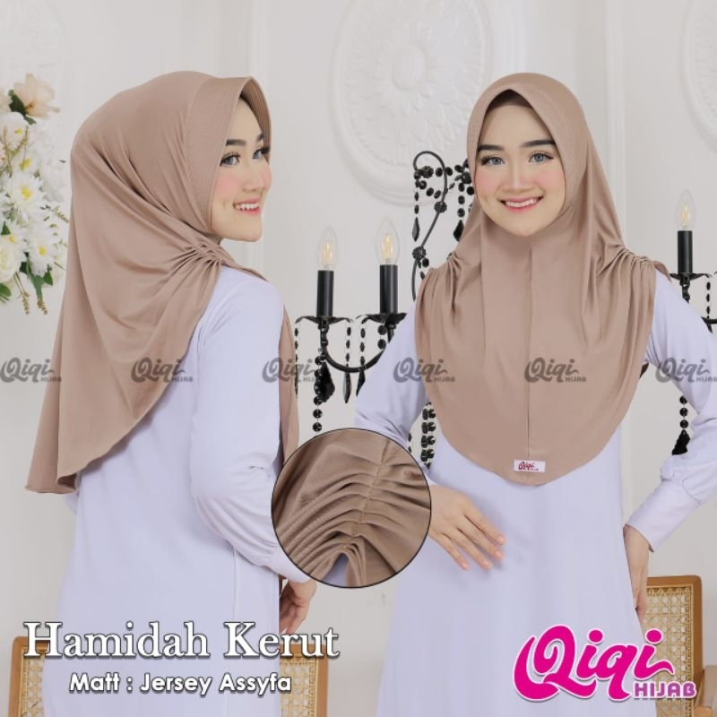 (Qiqi Hijab) HAMIDAH KERUT •jilbab instan•hijab instan jersey premium•kerudung pet kerut