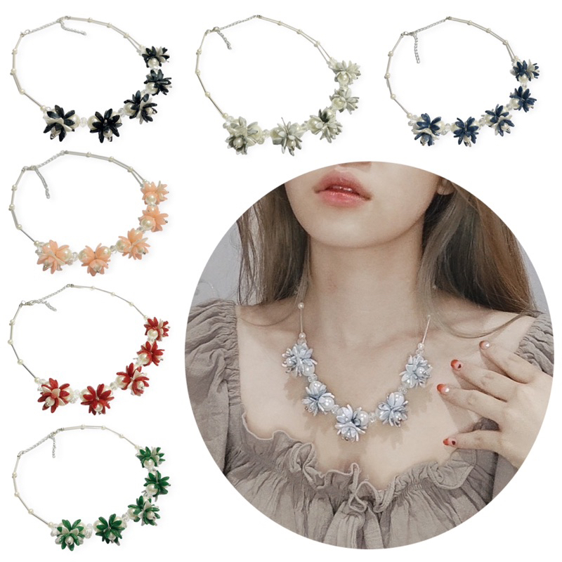 Cassandra Flowery Pearl Crystal Necklace Kalung Hijab Panjang Bunga Mutiara Motif Marmer Marble