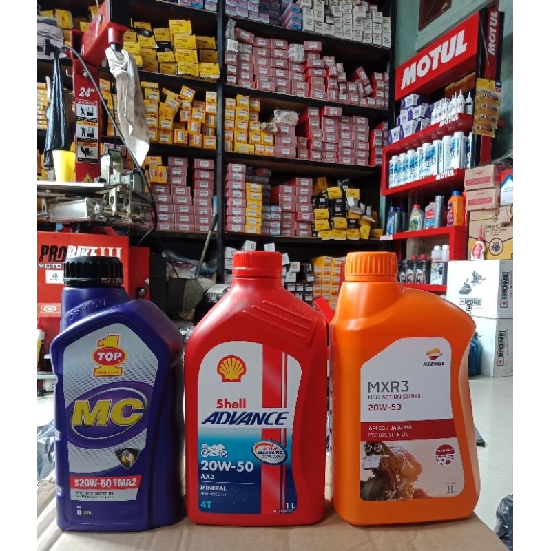 VARIASI OLI MESIN 4 TAK SAE 20W-50 1 LITER PILIHAN MERK (SHELL ADVANCE) (TOP 1) (REPSOL) PRODUK ORIGINAL