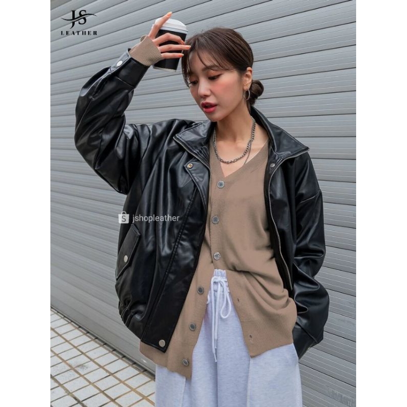 Jaket Retro Oversize Wanita Kulit PU