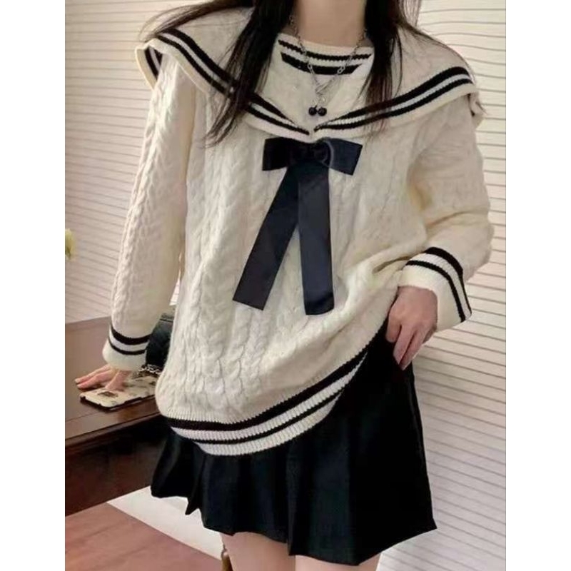 ❤️ PREMIUM IMPORT ❤️ MERRICE BIG SIZE COLLAR SAILOR THICK TEXTURED KNIT TWO TONE LONG SLEEVE LONG BLOUSE SWEATER  SWEATSHIRT