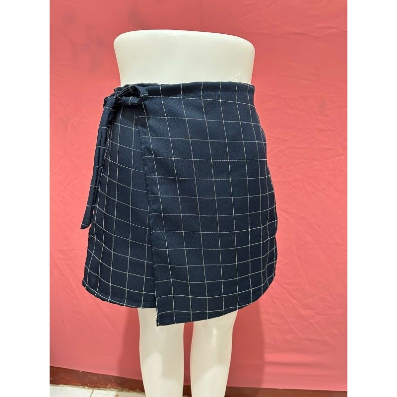 Celana Rok Pendek Korea highwaist kekinian tali pita NAVY kotak-kotak allsize