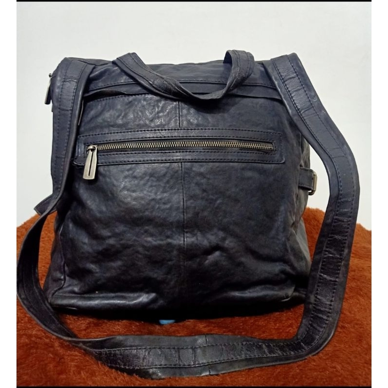 Tas duffel sandang pria, tas travel preloved, kulit asli mantul