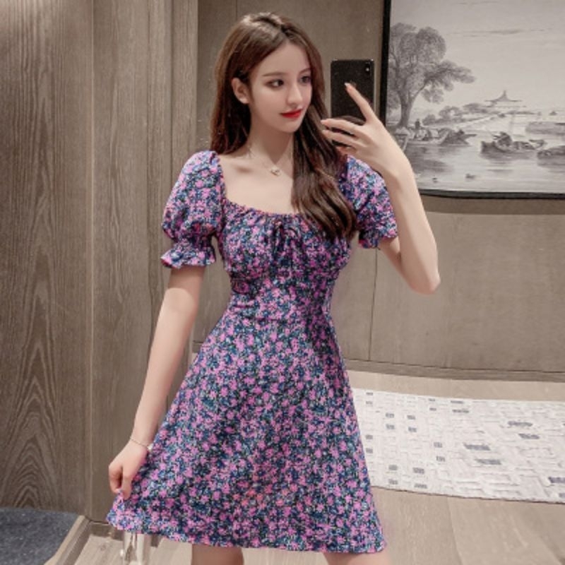 Korean Style Dress Terusan Wanita Motif Bunga