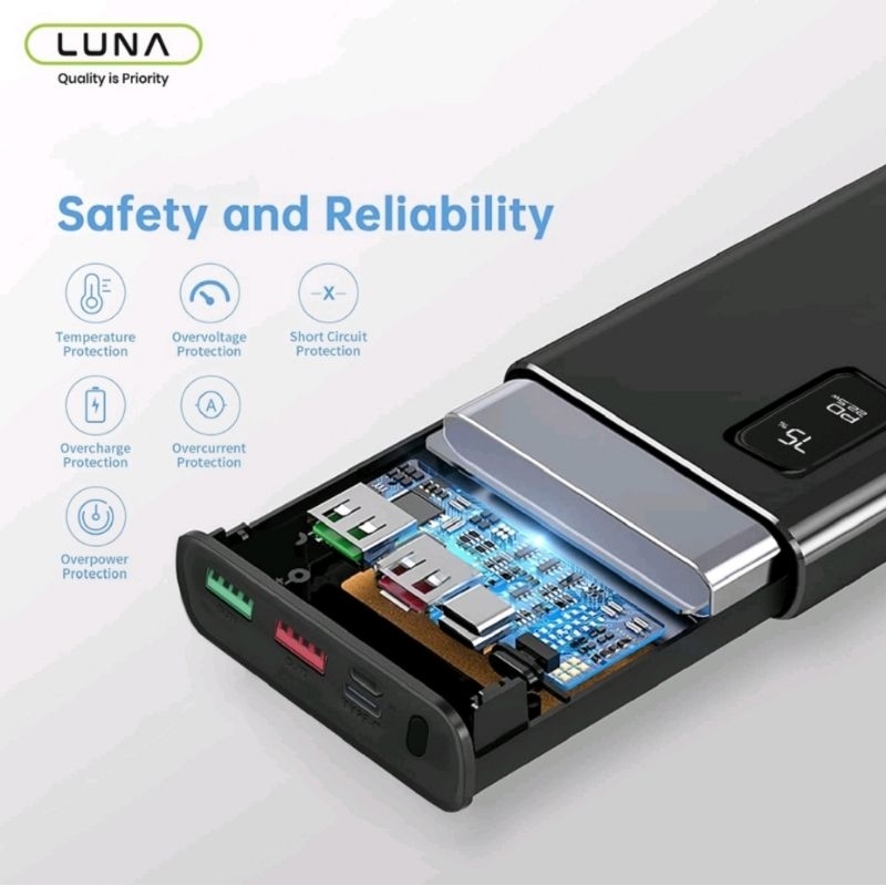 PC-2A4 Luna Powerbank 10000 mAh Fast Charging 22.5 Watt QC PD 3.0 Type C Free Cable Data Dual input POWER BANK