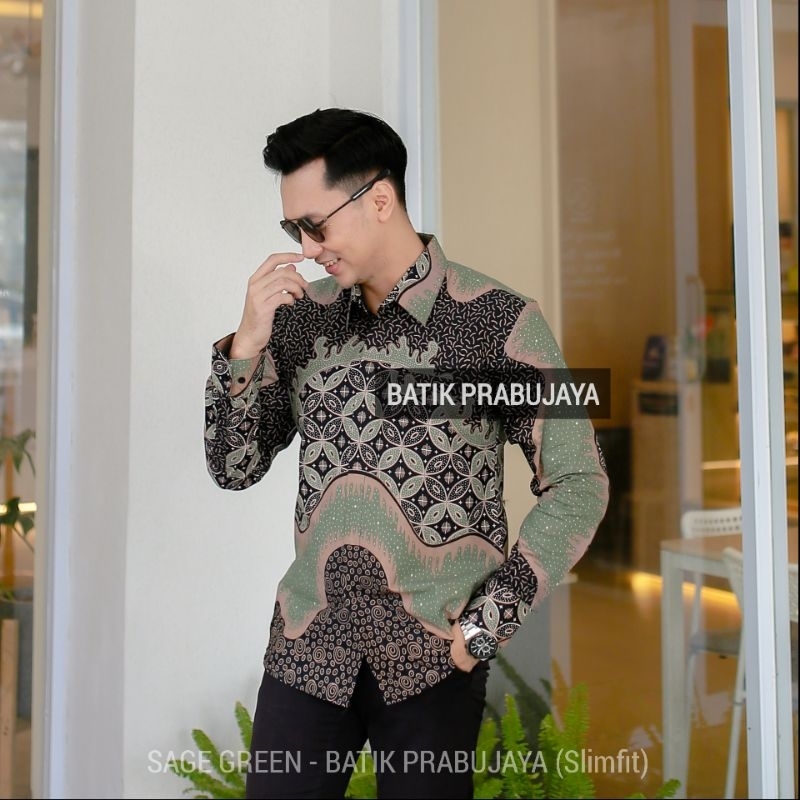 SAGE GREEN Kemeja Batik Pria Modern Slimfit Lengan Panjang Terbaru Hijau Sage - Baju Hem Batik Pria Cowok Kondangan Pesta Kerja