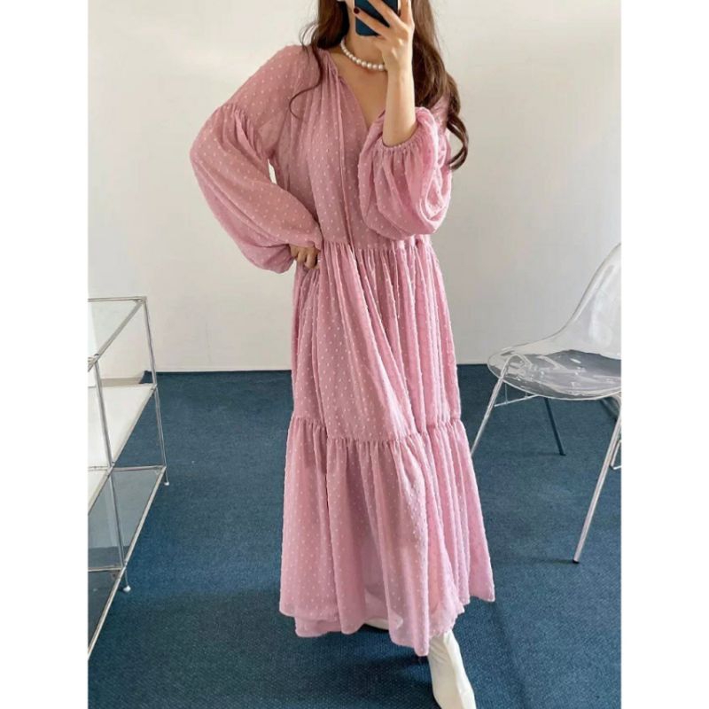 18127 Baju maxidress longdress TIERED MAXI DRESS lengan panjang Korea Korean style pink hitam polos 