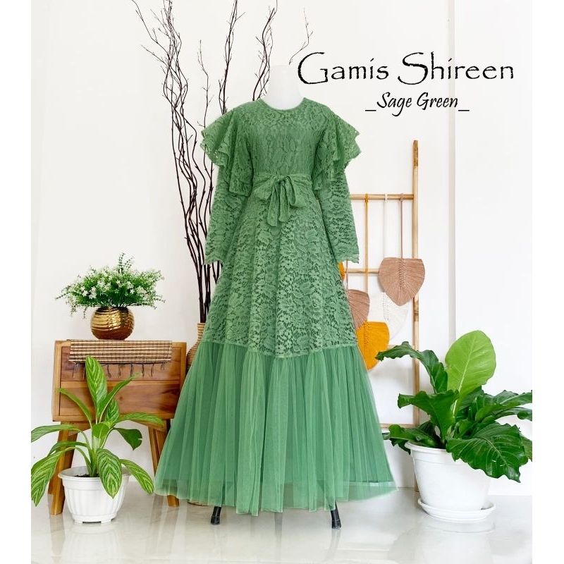 gamis shireen, gamis brokat tile, gamis tile sage, gamis brokat sage green