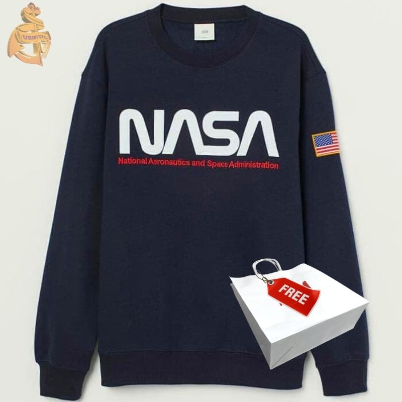 Crewneck Sweater H&amp;m Nasa Navy Hnm Pria Wanita Cewek Biru Dongker Free Paper bag