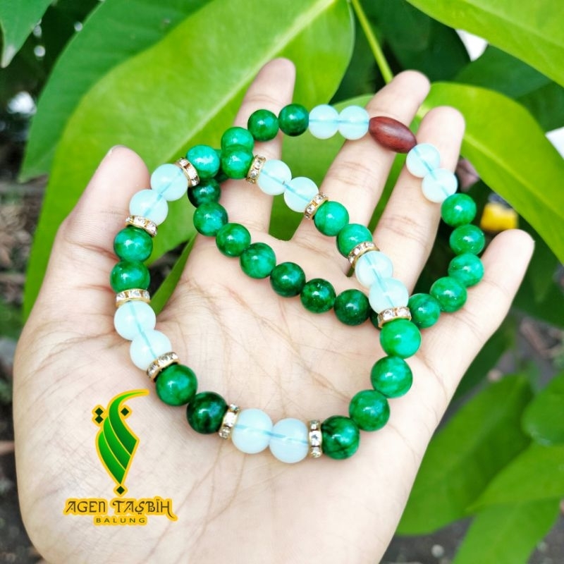 Gelang Kombinasi 2 Batu Giok Hijau Dan Barjad api size 8mm asli