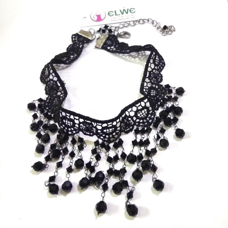 Choker renda aksen kristal hitam (black crystals on lace handmade choker)