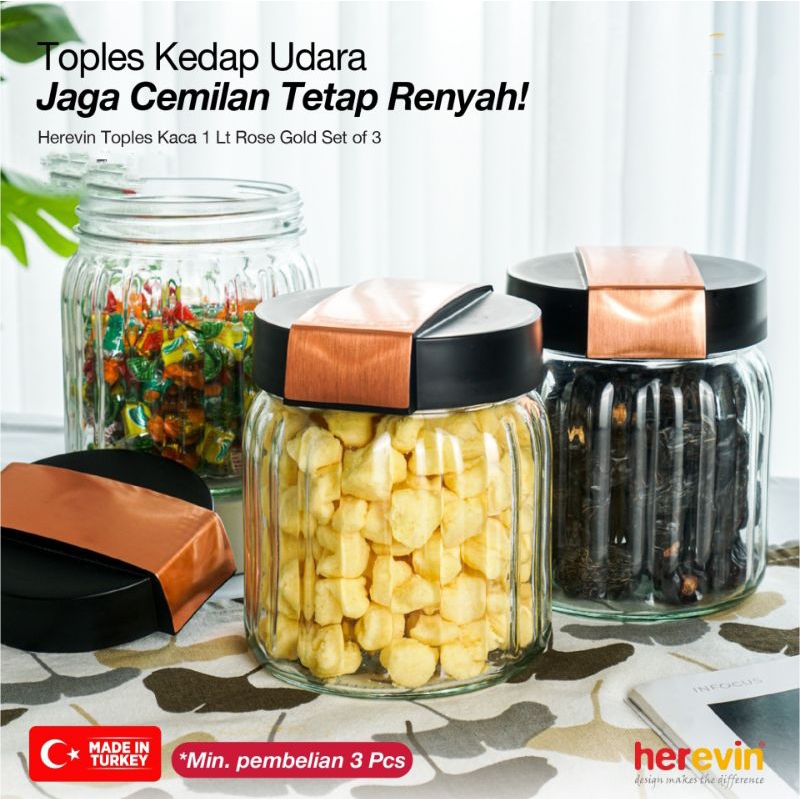 Toples Kaca 1 liter 1400 ml kedap udara seal karet kaca tebal set 3 pcs warna rose gold herevin mura