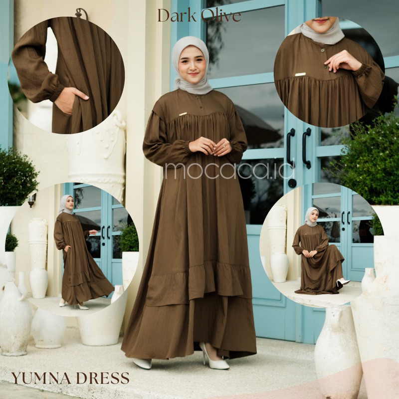 Gamis Lebaran Yumna Dress dari bahan Polo linen kancing busui friendly ada variasi remple di pundak dan rok saku lengan karet - hijau dark olive