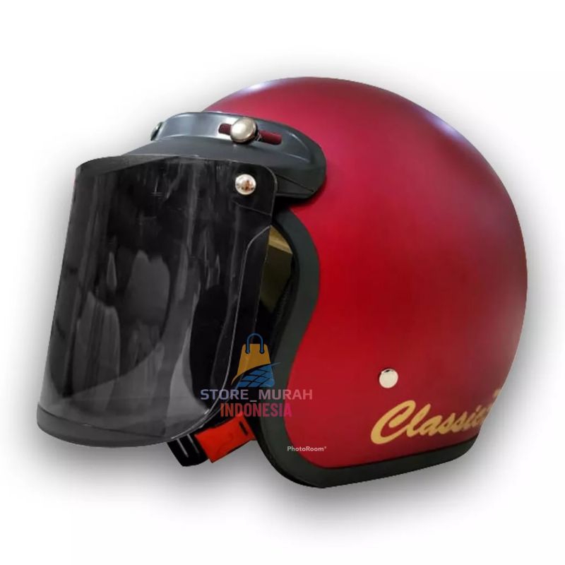 [ COD ] HELM BOGO CLASSIK GARIS TIGA KACA DATAR/CEMBUNG PACKING FREE BOX-MARON DOP