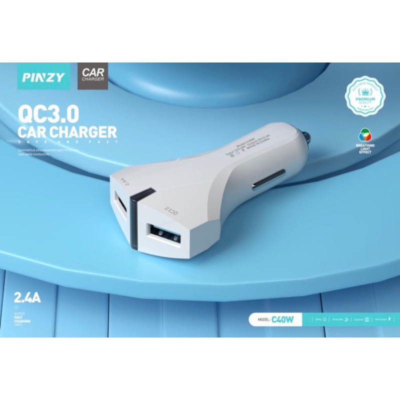 Car charger PINZY C40w QC 3.0 Saver Mobil 2 Port USB 2.4A Free kabel - Car charger C40w 2 port