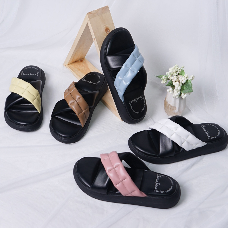 SARASARA YUK - NONNA Sandal Wanita Wedges Silang Tinggi 3cm Size 36 - 40 Casual Sendal Cewek Platform 37 38 39 untuk Jalan Pergi Santai Slop Warna Black Hitam Putih White Selop Premium Original Sara Sara Kekinian Terbaru Shoes ORI Mall Official Store