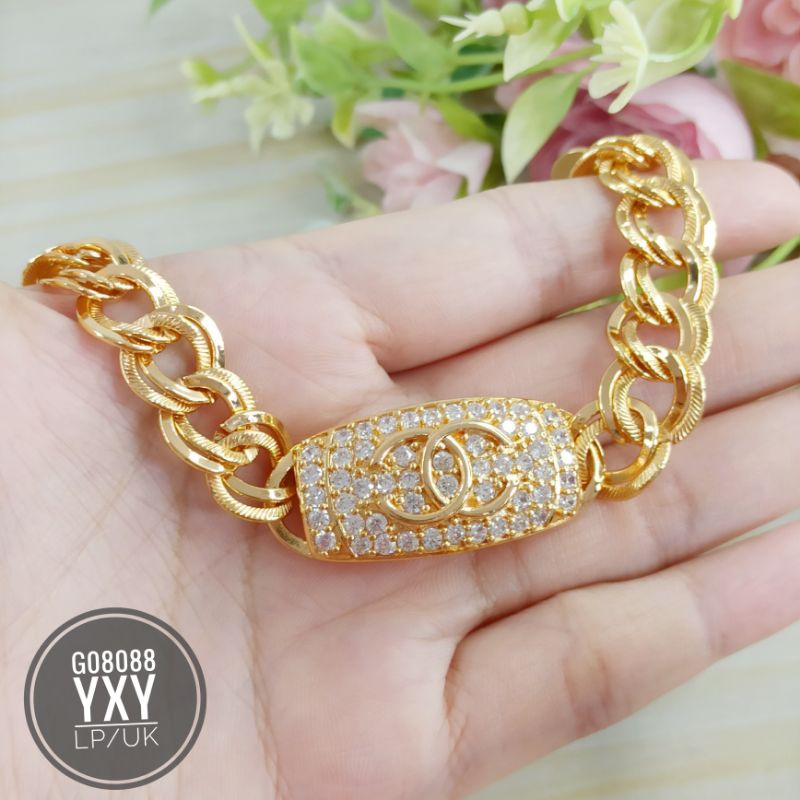 Gelang yaxiya Rantai double plat zircon Gold G08088