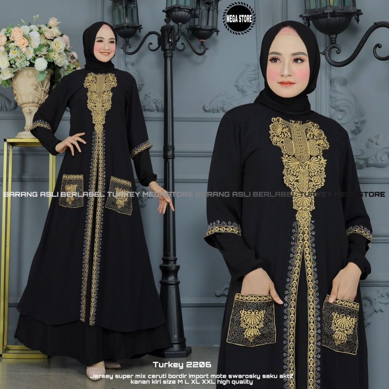 Baju Gamis Wanita Abaya Turkey Turki Hitam 2206 Dress Dres Jubah Hitam Ori Megastore