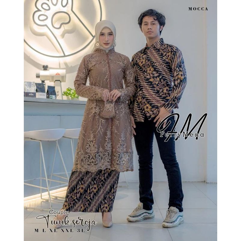 Set Kebaya Payet Saroja Tulle Mutiara Couple Kemeja Batik Pria Lengan Panjang / Sarimbit Couple Keluarga / Kebaya Jumbo Couple