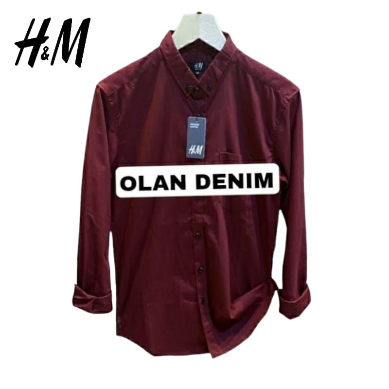 Kemeja Panjang Kerah Pria Casual Polos H.M | Kemeja Maroon Katun tuwil