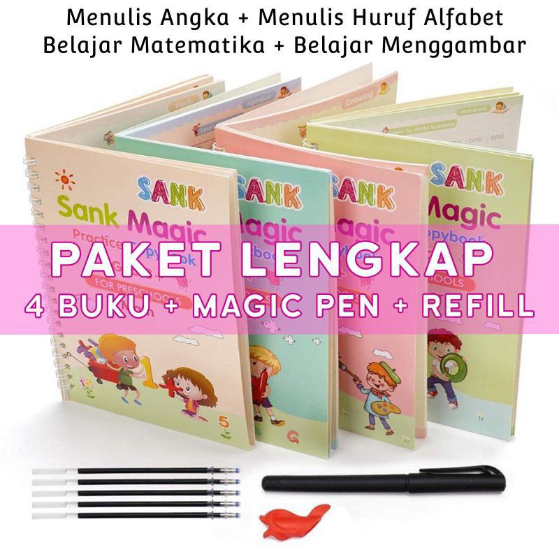 

Buku Ajaib belajar menulis anak Sank Magic book isi 4 buku+1 pulpen+10 refill isi pulpen / buku edukasi menghitung menggambar