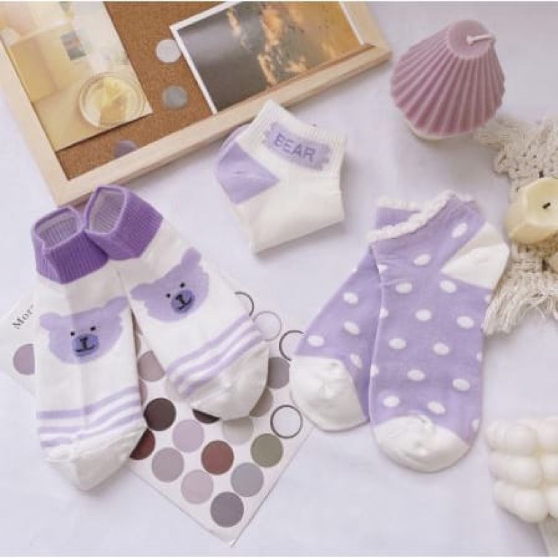 FRIENDSSTORE.ID||Kaos Kaki Wanita Motif Beruang Ungu Kaos Kaki Pendek Fashion Korean Import