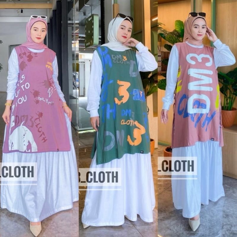 GAMIS KAOS WANITA DM3 TERBARU / GAMIS SET ROMPI / ONE SET GAMIS ROMPI / DRESS WANITA MUSLIM KEKINIAN