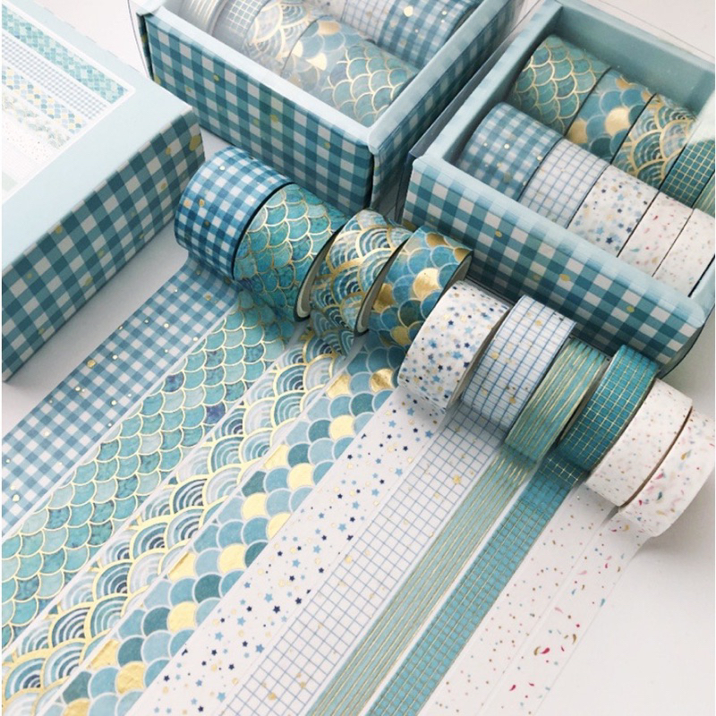 

(READY) 10 ROLL GOLD FOIL AQUA TEAL WASHI TAPE | hampers masking tape bujo bullet journal journaling postcard scrapbook gold silver foils selotip lucu unik galaxy star night sky angkasa antariksa kado lebaran aesthetic glow in the dark motif jepang diy