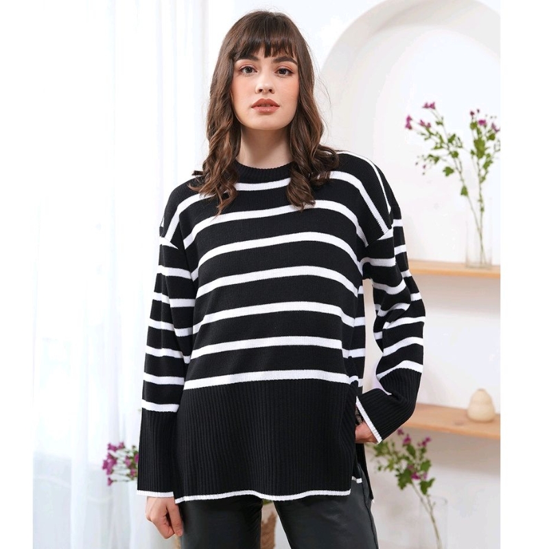 Haruu Knitt Oversize Sweater Wanita Style Korean Oversize Garis Korea Atasan Wanita