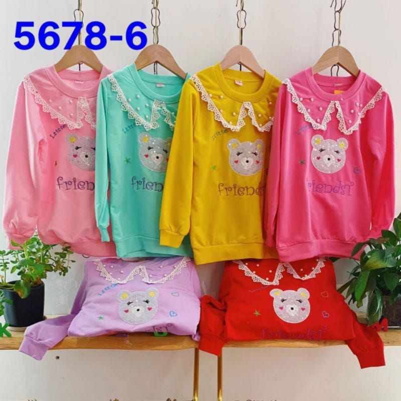 [4-9T] Sweater anak cewek import 4-9 tahun kerah mutiara import / baju atasan kaos sweater anak cewek usap import motif beruang teddy bear aplikasi bordir kerah mutiara