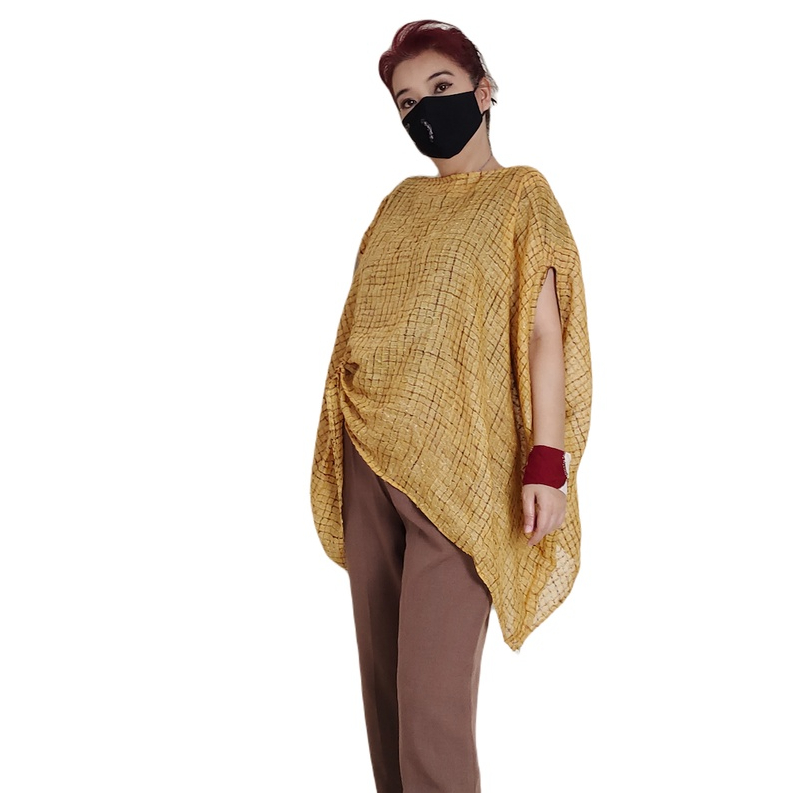 Tunik Blus Big Size Lengan Pendek Batwing Motif Asimetris Pastel Gold Coklat Monokrom Gesyal