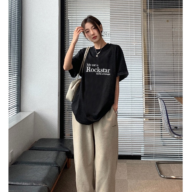 kaos wanita korean style premium import oversize lengan pendek letter pattern printed t-shirt kekinian atasan wanita warna hitam