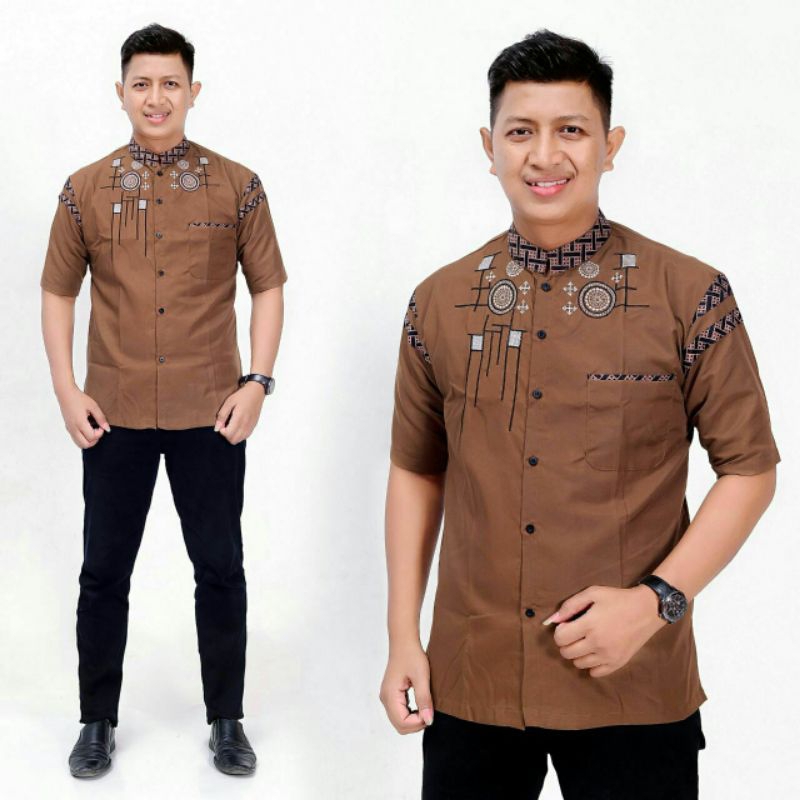 Baju Koko bordir kerah sanghai Busana Muslim Pria Baju Koko polos lengan pendek M.l.xl